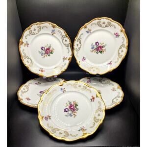 5 Reichenbach GDR Fine China Dessert Plates Gold Gilt Floral Scalloped 7.5 inch